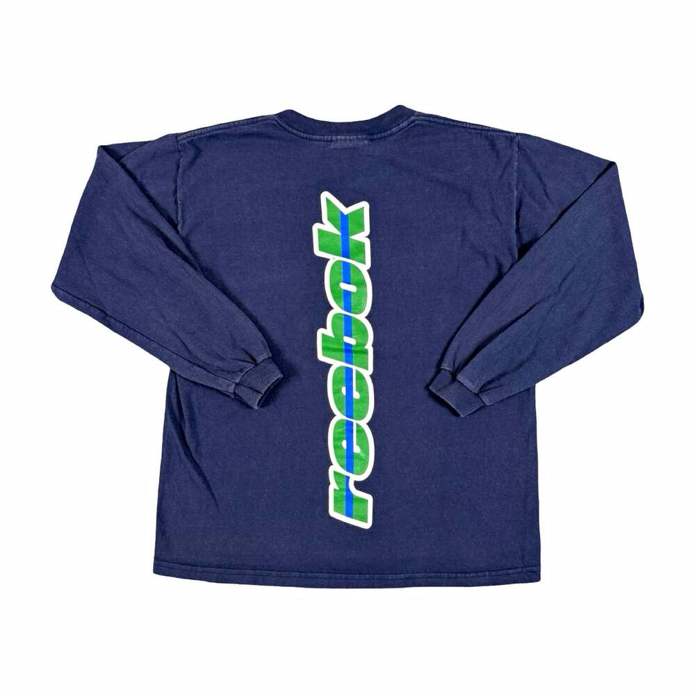 Vintage Made in USA Reebok Blue Long Sleeve Graphic Logo T-Shirt Size Small